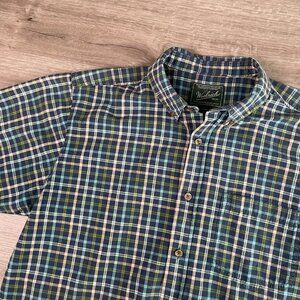 Woolrich Men's Size Large Plaid Short Sleeve Button-down Shirt Green 100% Cotton